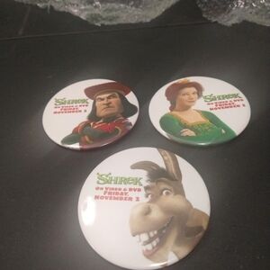 Set of 3 Shrek Promo Pins Buttons from 2001 Donkey Fiona Prince